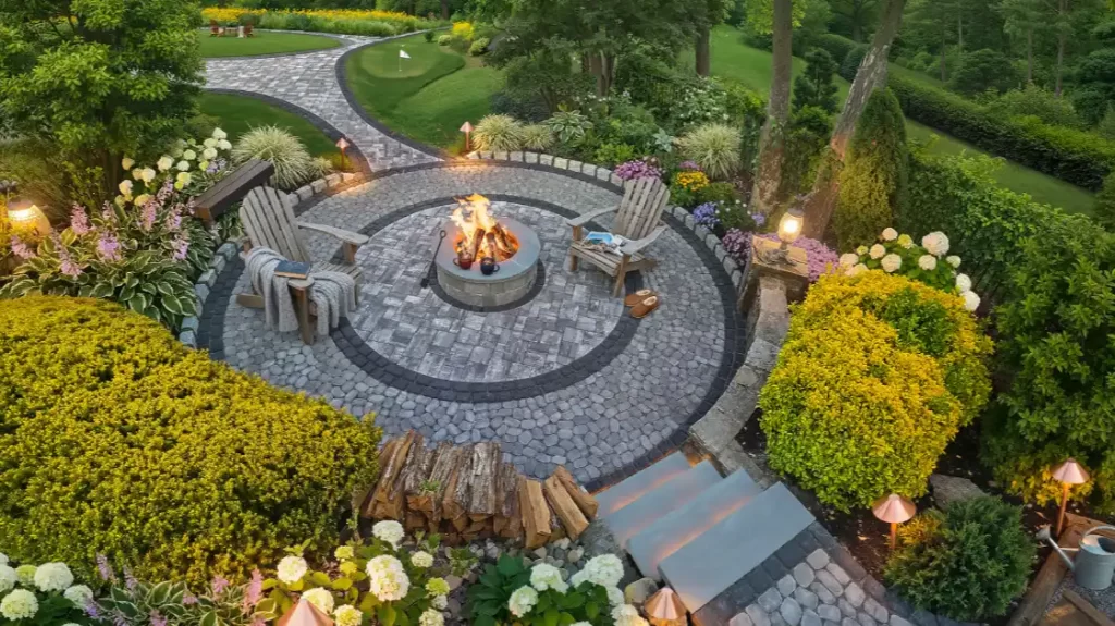 Cozy fire pit in landscaped garden
