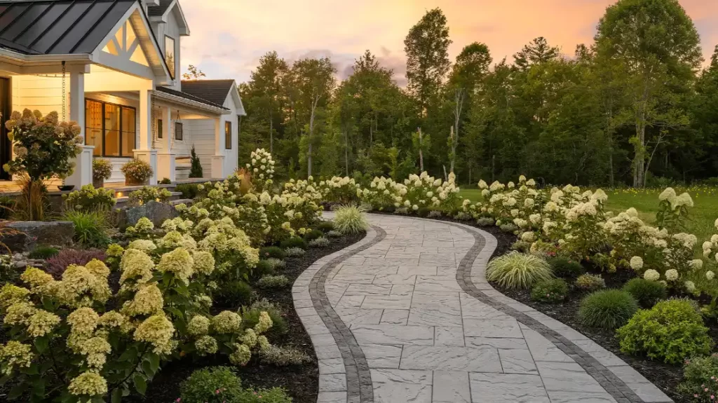 Curved pathway through landscaped garden