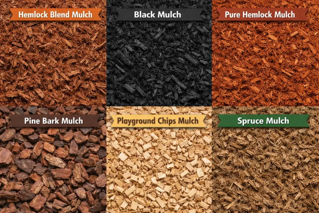 Grid showing six types of mulch including Hemlock Blend Mulch, Black Mulch, Pure Hemlock Mulch, Pine Bark Mulch, Playground Chips Mulch, and Spruce Mulch, each displayed with its color and texture for landscaping comparison.