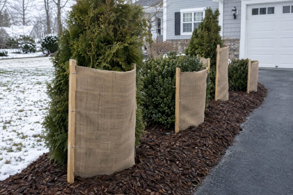 Burlap screens protecting evergreen shrubs along a driveway in winter