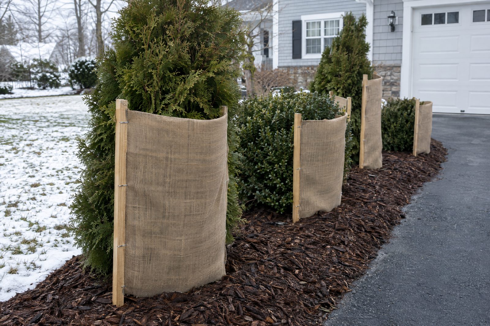 Burlap screens protecting evergreen shrubs along a driveway in winter