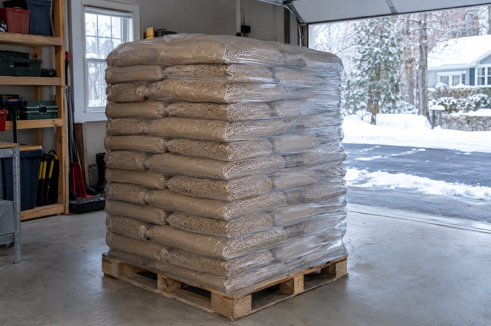 One ton of wood pellets, 50 bags stacked on a pallet in a garage